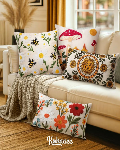 Embroidered Lumbar Pillow Cover 20x12 Inch, Sunflower Moon | Decorative Throw - Image 6