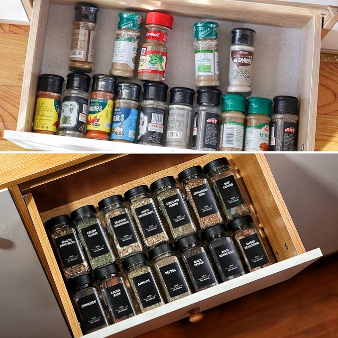 36Pcs Spice Jars Containers with Labels，4oz Black Seasoning Bottles with Shaker Lids for Rack, Cabinet, Drawer,Empty Square Condiment Pots (36, Black)