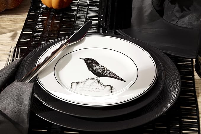 Lenox Dinnerware Set, Vintage Halloween 4-Piece Dessert Plate Set, Assorted, Set of 4 Ivory Porcelain Plates, Dishwasher Safe, Halloween Decor Indoor, Party Table Decorations (Black/White, 4 Piece)