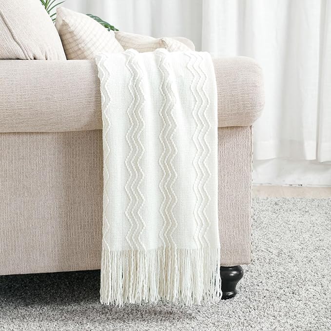 BOURINA Off White Throw Blanket 50x60 Inches Throw Textured Solid Soft Sofa - Image 2