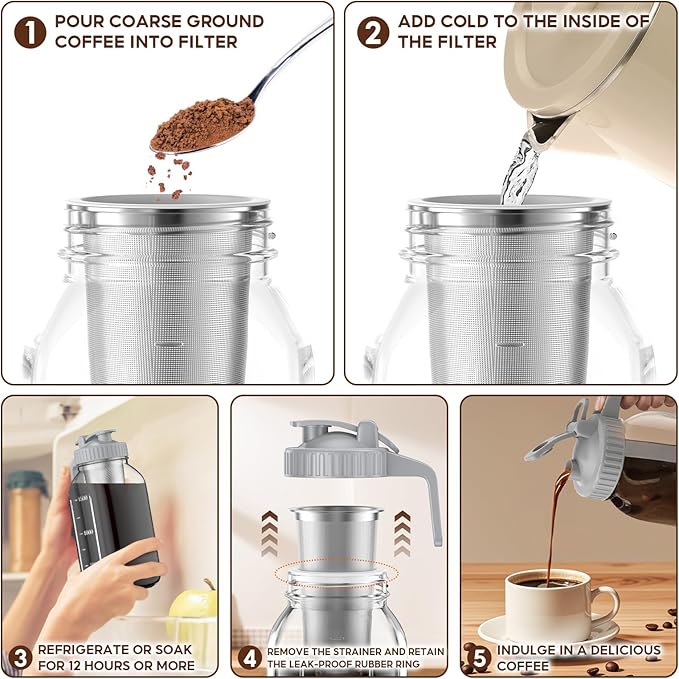 Cold Brew Coffee Maker Jar - 2 Pack 64 oz(2 Quart / 1.9 Liter)Glass Cold Brew Maker with Handle, Stainless Steel Filter&Leak-Proof Lid, Heavy Duty Cold Brew Pitcher for Iced Coffee, Sun Tea, and Milk