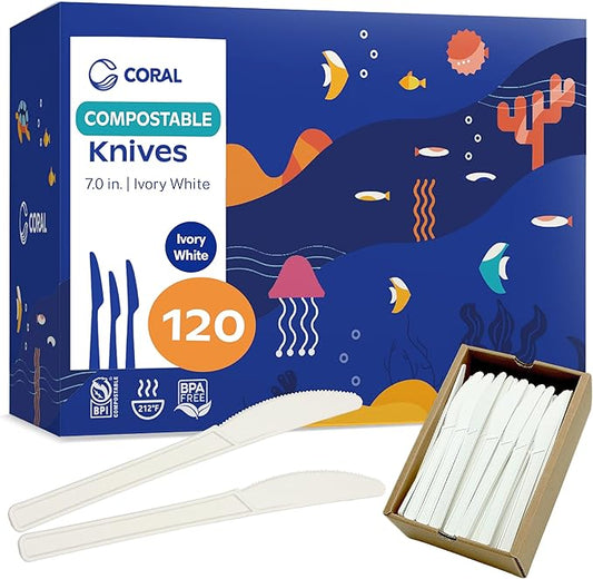 CORAL Ivory White 100% Compostable Knives - 120 Heavy Duty No Plastic Knives (7.0 inch) - Break Resistant with Smooth Edges, Ocean Friendly Alternative to Plastic Silverware - Biodegradable & Disposable Knives