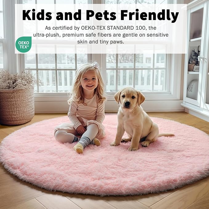 Light Pink Fluffy Round Rug 4ft - Image 5