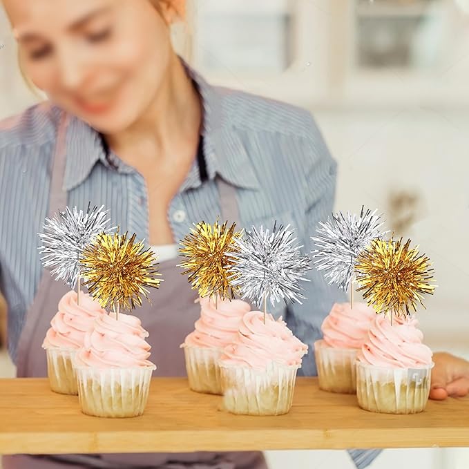 40 PCS Foil Firework Cupcake Toppers Sparkle Tinsel Cupcakae Picks Foil Firework Party Decorations Cocktail Fruit Toothpick for Fireworks Theme Birthday Wedding Graduation Party Decoration Gold Silver