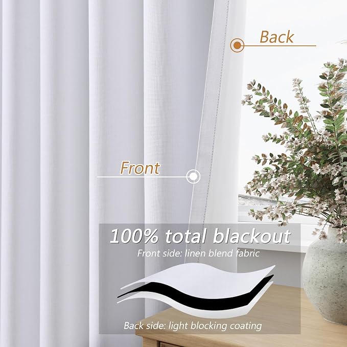 White 100% Blackout Linen Curtains 54 Inch Length 2 Panels Set - Image 3