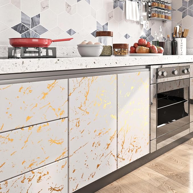 FunStick 24"x200" Off White and Gold Marble Peel and Stick Wallpaper Self - Image 3