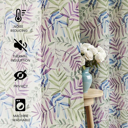 Yakamok 84 Inches Blue and Purple Leaves Linen Curtains - Image 2