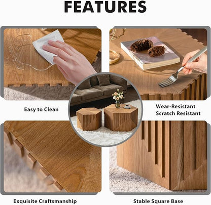 Hexagonal Nesting Coffee Table Set of 2, Wooden Fluted Coffee Table - Image 5