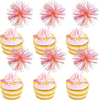 30 PCS Foil Firework Cupcake Toppers Happy Birthday Cupcake Toppers Sparkle Tinsel Flower Drink Stirrers Cocktail Fruit Toothpicks for Valentine's Day Baby Shower Party Cake Decor Supplies Orange