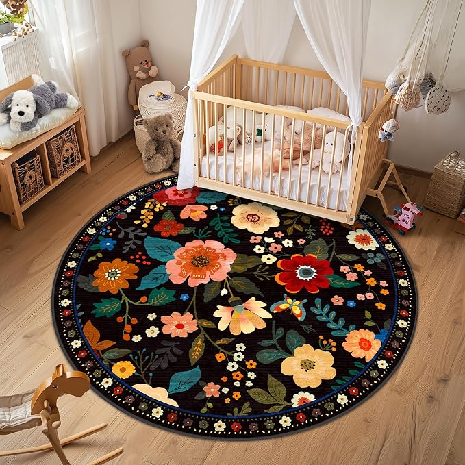 RELEANY Floral Washable Round 6ft Area Rug Black | Flower Carpet Print Boho - Image 8