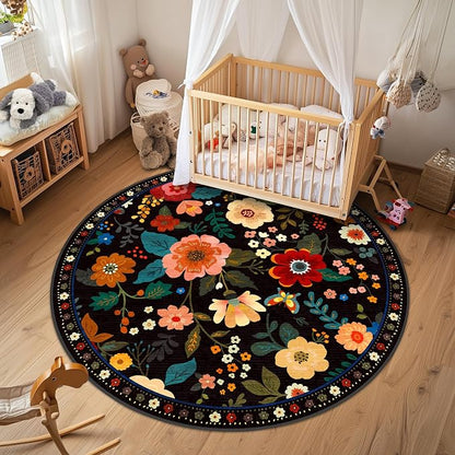 RELEANY Floral Washable Round 6ft Area Rug Black | Flower Carpet Print Boho - Image 8