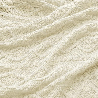 Homiest Cable Knit Throw Blanket & Pillow Set, Cream White Set of 3, Knitted - Image 6