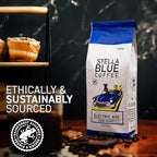 Stella Blue Ground Coffee, Electric Avenue Blend, Dark Roast, Toffee, Dark Chocolate & Subtle Smokiness Notes, 100% Arabica, Ethically Sourced from Central and South America, 12 oz bag