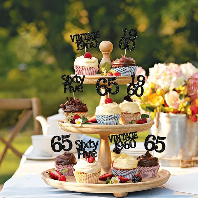 Gyufise 24Pcs Vintage 1960 Cupcake Toppers Glitter Cheers to 65 Fabulous Sixty Five Cupcake Picks 65th Birthday Wedding Anniversary Party Cake Decorations Supplies Black
