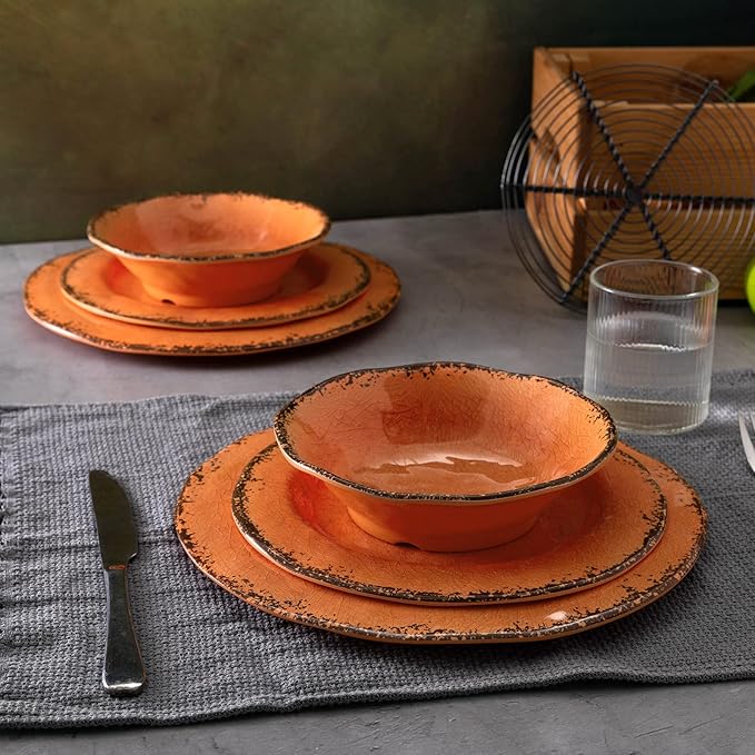LEHAHA Rustic Farmhouse Melamine Dinner Plates Set of 6, 11 inch Lightweight Camper RV Dishes, Indoor and Outdoor Use, Reusable, Sturdy and Dishwasher Safe, Orange