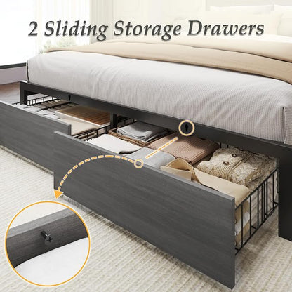 Lifezone Queen Bed Frame with 2-Tier Storage Headboard, Bedroom Metal Bed Frame - Image 6
