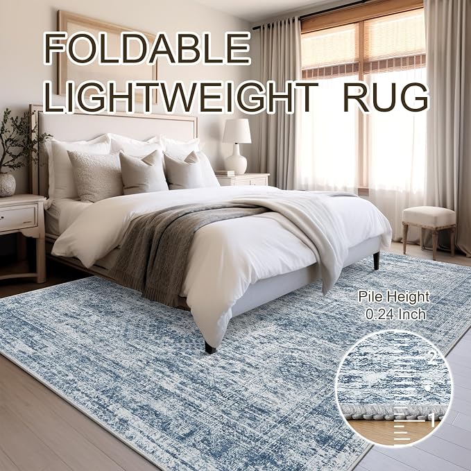 Soalmost 5x7 Area Rugs Blue Low Pile Washable Trendy Faded Style Rug | Vintage - Image 8