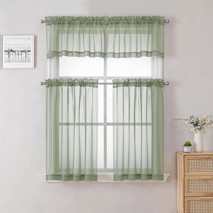 Sage Green Sheer Curtains 18 Inch Length 2 Pcs, Cafe Kitchen Curtains - Image 7