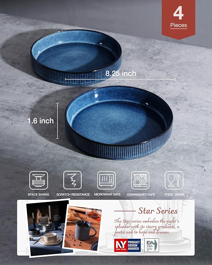 famiware Star 8.25" Pasta Bowls, Large Dinner Bowls Set of 4, Salad Bowl Plates, Shallow Bowls for Eating, Nebulas Blue