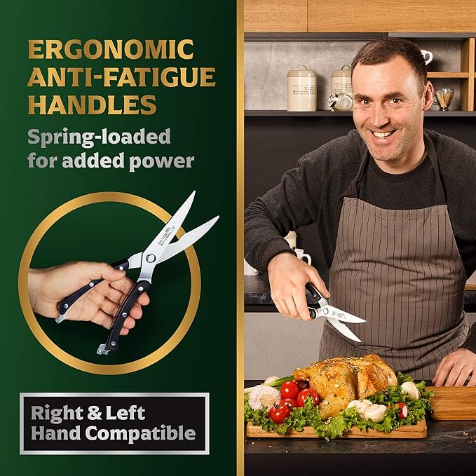 Heavy Duty Stainless Steel Poultry Shears For Bone, Chicken, Meat, Fish, Seafood, Vegetables. Premium Spring Loaded Food Scissors. One piece Kitchen Shears. (Black Wooden Handles)