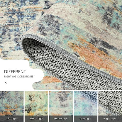 Area Rug 4x6 Blue Rug Washable Boho Rugs Non Slip Low Pile Abstract Small Carpet - Image 6