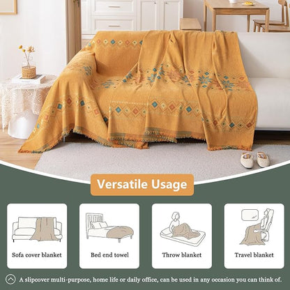 DREAMINGO Orange Boho Sofa Cover Chenille Couch Cover Blanket Vintage Bohemian - Image 5