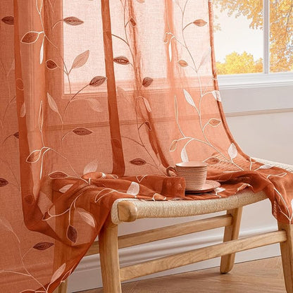 MIULEE Burnt Orange Sheer Fall Curtains 2 Panels Leaf Patterned, W52 x L63 | by MIULEE