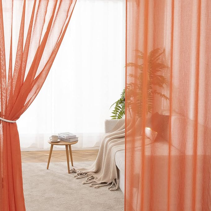MIULEE Fall Burnt Orange Linen Textured Semi-Sheer Curtains 54W×72L | Semi - Image 6