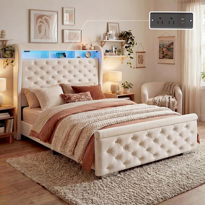 ROCHECASA Bed Frame with Storage and Charging Station, 50.6" Tall Velvet by ROCHECASA