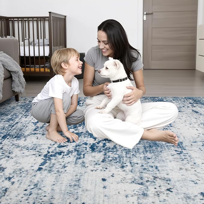 Area Rug Living Room: 6x6 Modern Washable Indoor Soft Carpet Blue | - Image 8