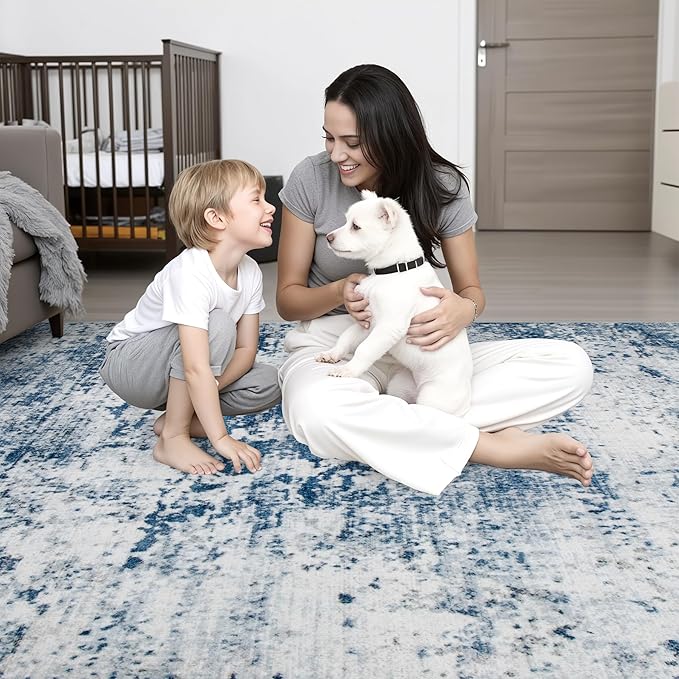 Round Area Rug Living Room: 6 ft Modern Washable Carpet Blue | - Image 7