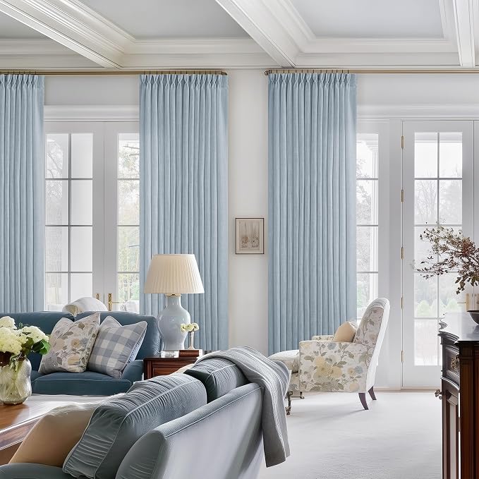 Dusty Blue Linen Pinch Pleated Curtains 108 Inches Long 2 Panels | Semi Sheer - Image 6