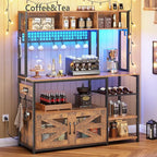Itaar 47.2 Inch Bakers Rack with Power Outlet, Microwave Stand with Storage, Farmhouse Coffee Bar Cabinet Station with Wine Rack, Iron Grid and 8-S Hooks (Rustic Brown)