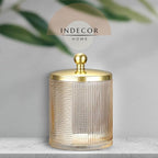 Glass Jar with Metal Lid for Bathroom Organization, Clear Apothecary Jar for Cotton Balls, Q Tips, and Small Accessories, Stylish Bathroom Storage Container Tan, Gold