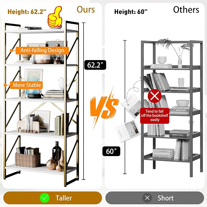 Shintenchi 2 Pieces 5 Tiers Bookshelf, Classically Tall Bookcase Shelf - Image 4