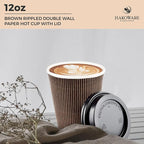 [400 SET]Harvest Pack 12 oz Disposable Coffee Cups, Insulated Ripple Double-Walled Paper Cup with Lid, Brown Geometric, Tea Hot Chocolate Drinks To go coffee cups