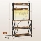 Yaheetech Kitchen Bakers Rack with Power Outlet & LED Lights, 5 Tiers Coffee Bar Table with 8 S Hooks, 64 Inches Tall Microwave Oven Stand with Storage for Spices, Pots, Rustic Brown