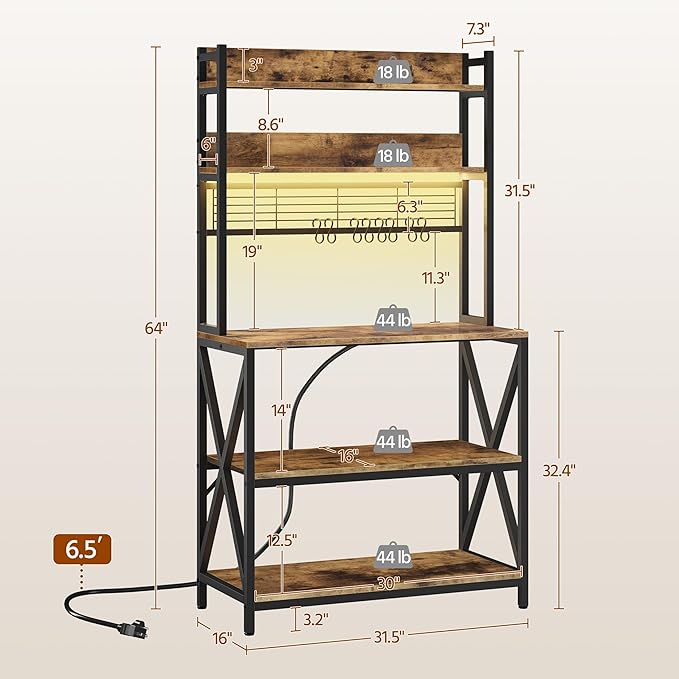 Yaheetech Kitchen Bakers Rack with Power Outlet & LED Lights, 5 Tiers Coffee Bar Table with 8 S Hooks, 64 Inches Tall Microwave Oven Stand with Storage for Spices, Pots, Rustic Brown