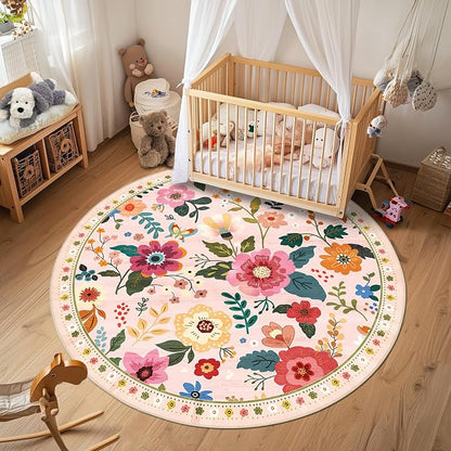 RELEANY Floral Washable Round 6ft Area Rug Pink | Flower Carpet Print Boho Cute - Image 6