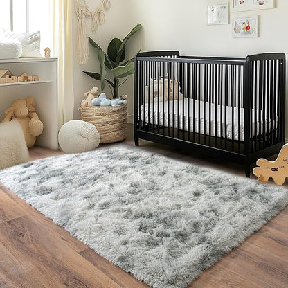 Fluffy Area Rug for Bedroom 4x6, Indoor Plush Carpet, Tie Dye Grey | Shag Soft - Image 4