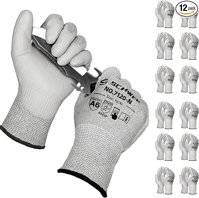 Schwer 12 Pairs ANSI A6 Cut Resistant Gloves CR7120 Cut Proof Work Gloves, Touchscreen, for Men and Women Used for Woodworking, Glass Cutting, Construction, Cargo Handling, Car Repair, XL