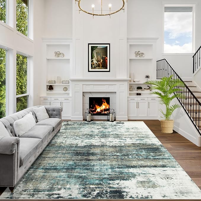 9x12 Area Rugs for Living Room: Washable Abstract Teal Green Badroom Carpet | by GENTDRIZZ