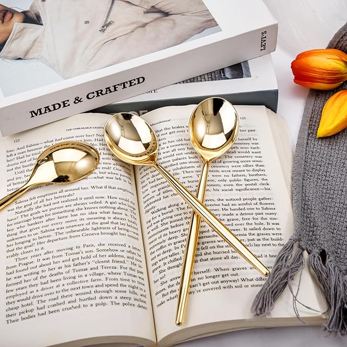 I00000 90 Pcs Gold Plastic Spoons,Disposable Silverware, Gold Plastic Cutlery, Heavy Duty Disposable Spoons Perfect for Parties, Wedding & Dinners