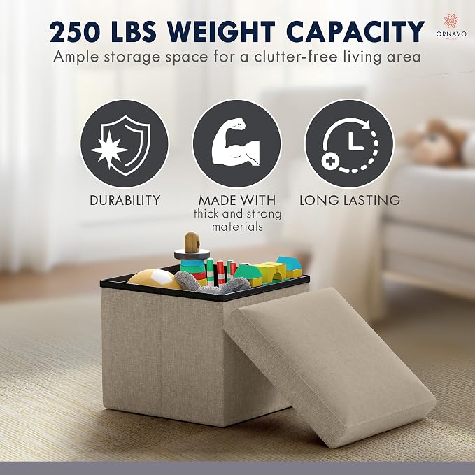 Ornavo Home Small Storage Ottoman Foldable Collapsible Cube Square Linen - Image 7