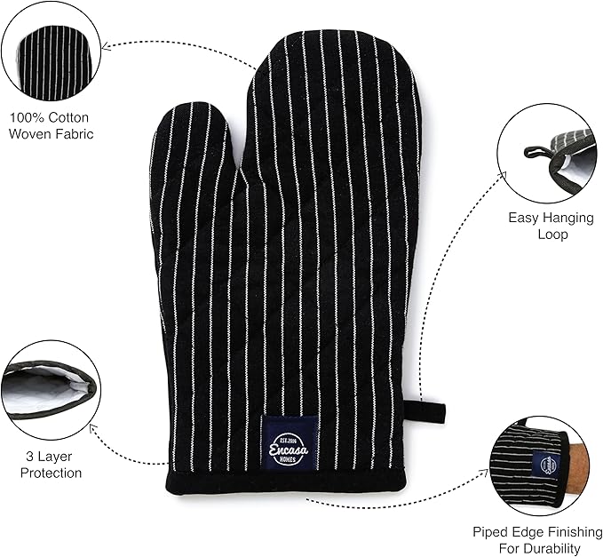 Encasa Homes Long 12" Oven Microwave Hand Gloves Mitts (2 pc Set) for Kitchen Cooking & Baking - Heat Resistant, Thick & Safe, Protection of Hands from Hot Utensils - Butcher Stripes Black