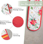 Maison d' Hermine Double Oven Mitts 100% Cotton 7"x35" Double Oven Mitt Heat Resistant BBQ Cooking Gloves with Loop, Baking, Grilling, Home, Kitchen, Handling Hot Pans (Poinsettia Christmas)