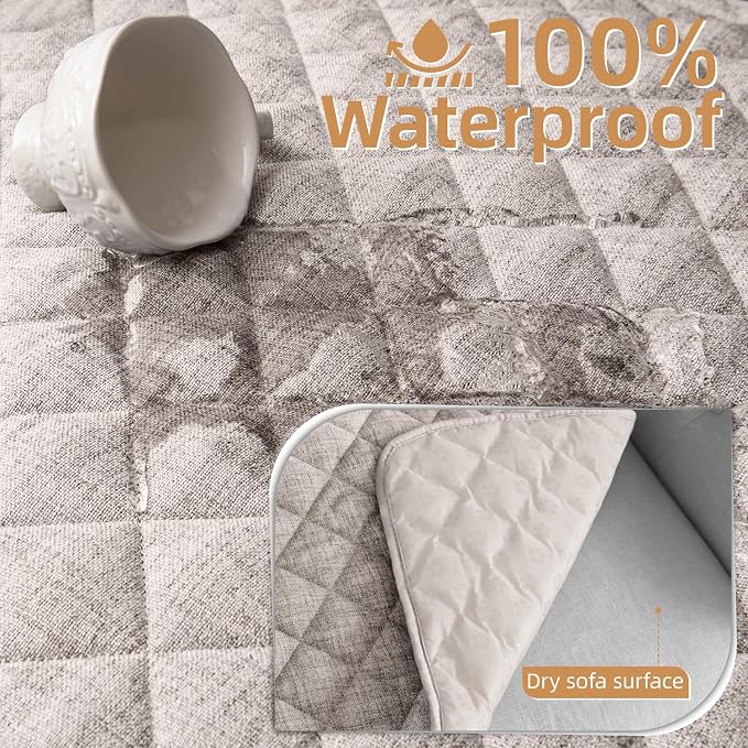 Dog Couch Cover for Sofa 100% Waterproof Faux Linen Sofa Covers for 3 Cushion - Image 2