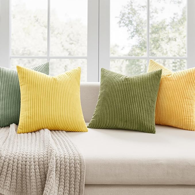 MIULEE Soft Corduroy Decorative Throw Pillow Covers Yellow Green 20x20 | Set of - Image 2