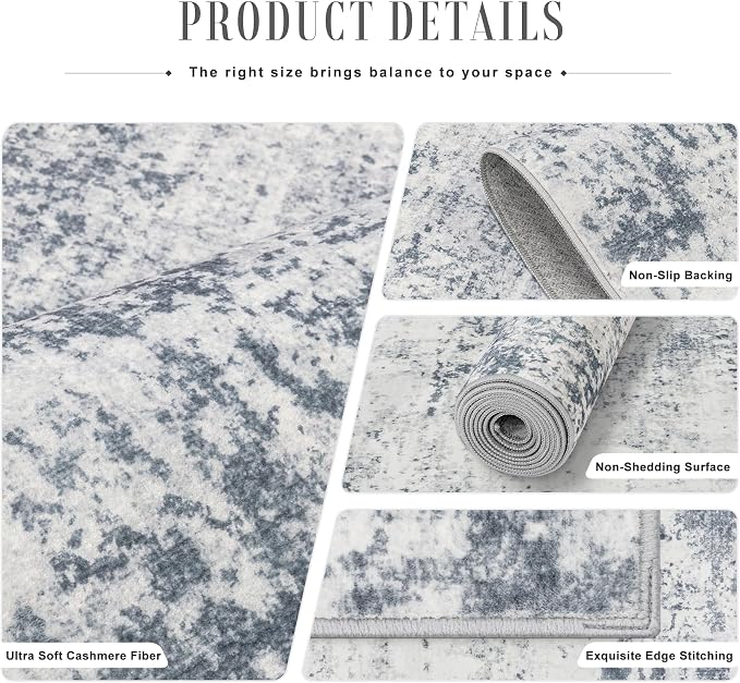 2.6x8 Washable Runner Rug：Modern Abstract Soft Carpet Blue Grey | - Image 5