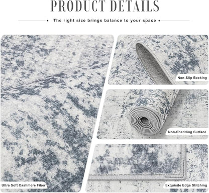 2.6x8 Washable Runner Rug：Modern Abstract Soft Carpet Blue Grey | - Image 5